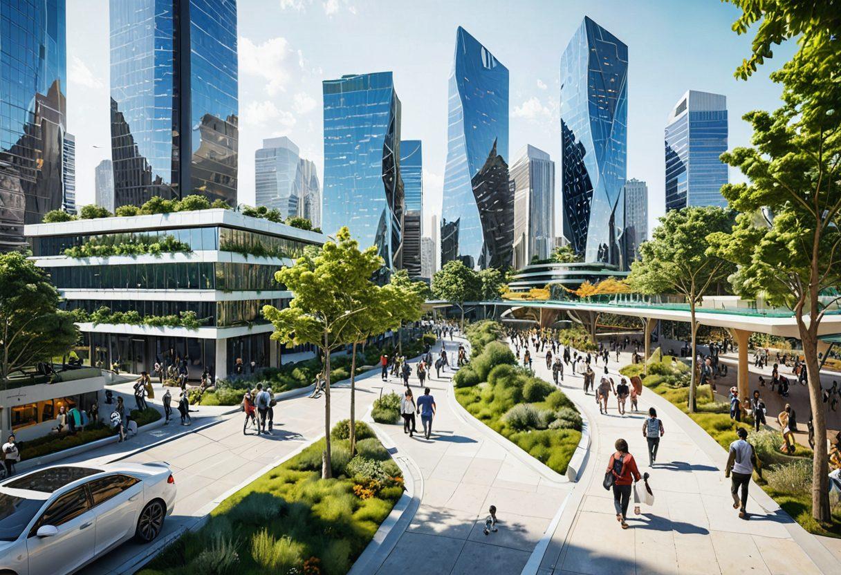 A futuristic cityscape bustling with innovation, featuring diverse people joyously interacting and engaging in community-driven projects. Incorporate elements like green spaces, advanced technologies, and symbols of prosperity such as thriving businesses and schools. The atmosphere should exude optimism, progress, and unity. super-realistic. vibrant colors. white background.