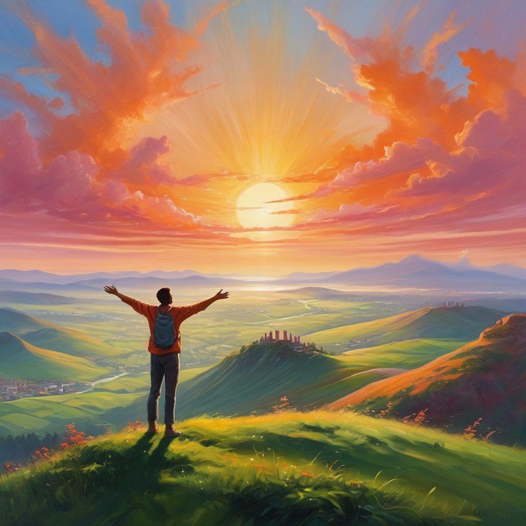 A vibrant scene of a person standing on a lush green hilltop, arms outstretched towards a radiant sunrise. Their shadow merges with a futuristic city skyline in the distance, symbolizing growth and progress. The sky is awash with colors of dawn, signifying hope and a promising future. An ethereal light surrounds the person, representing personal enlightenment. painting. vibrant colors.
