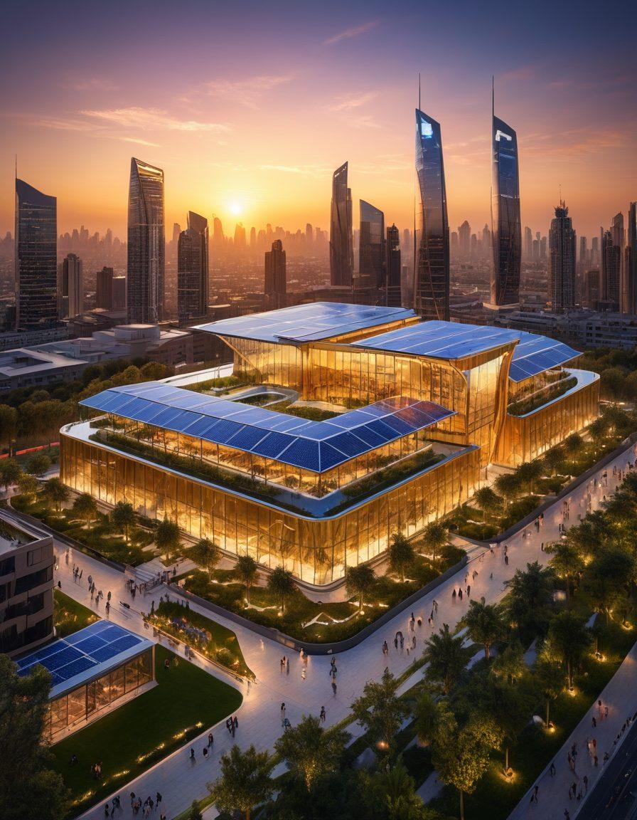 A radiant sunrise over a futuristic city representing 'A Bright Future', where Almustaqbal's emblem shines atop a building. Happy, diverse people are engaging in joyful activities like planting trees, studying, and celebrating. Include symbols of innovation like drones and solar panels. vibrant colors. super-realistic.